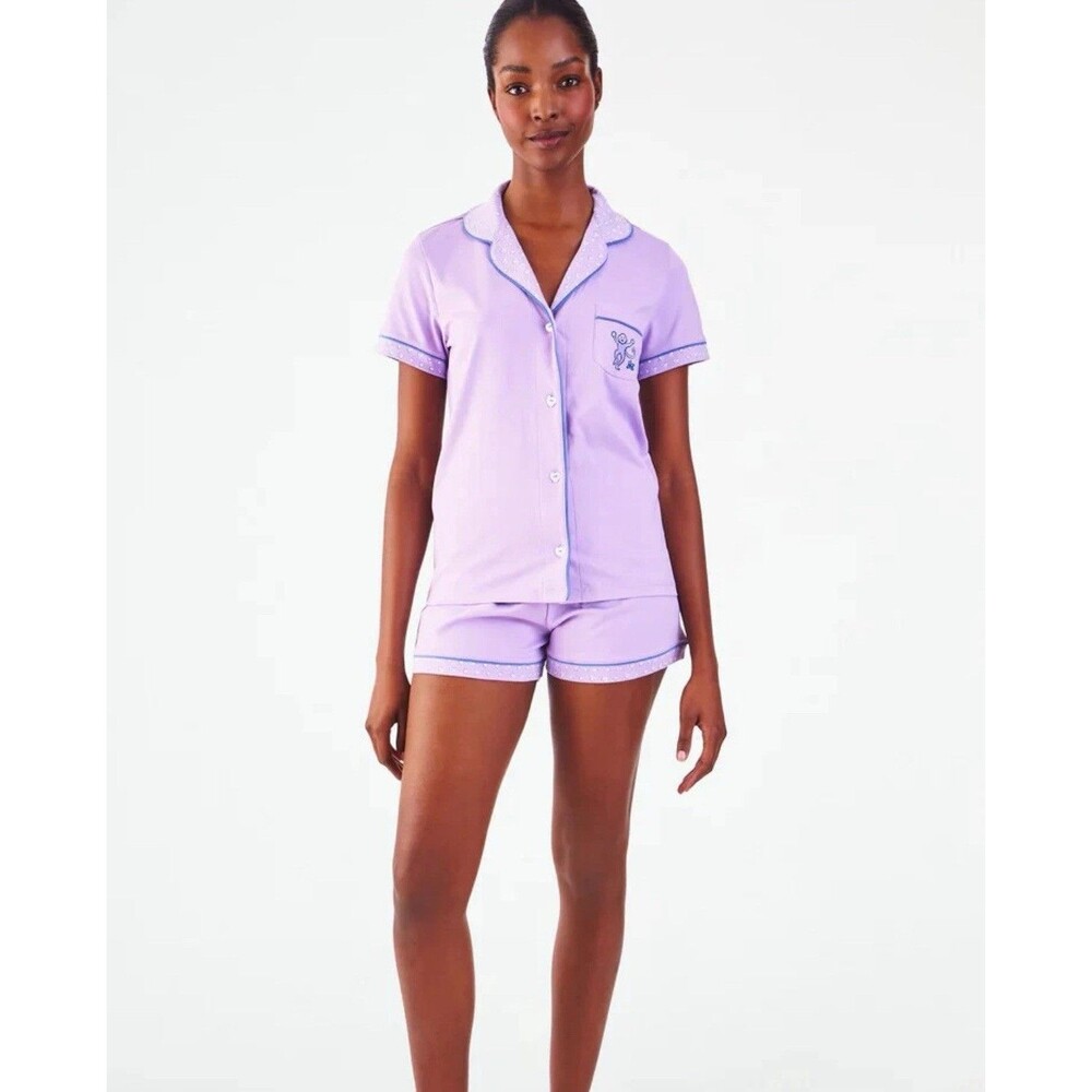 New Rare Roller Rabbit Monkey Embroidered Polo PJ Pajama Shorts Shirt Lavender M
